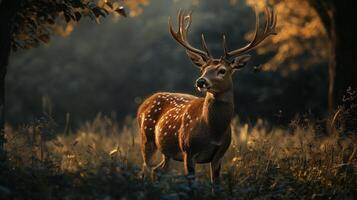 Deer stands in a field of tall grass. The deer is brown and white with black spots. The deer is looking to the right photo