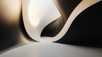 Black and white image of a long, curving hallway with a white wall. The hallway is empty and the walls are covered in a pattern of squares. The image has a minimalist and modern feel to it photo