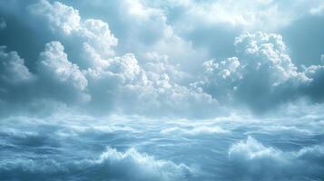 The sky is filled with clouds and the ocean is rough with waves crashing against the shore. Scene is serene and tranquil, as the clouds and waves create a sense of calmness and peacefulness photo