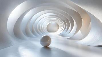 White ball is placed in the middle of a white room. The room is very spacious and has a very clean and minimalist design. The ball is the only object in the room photo
