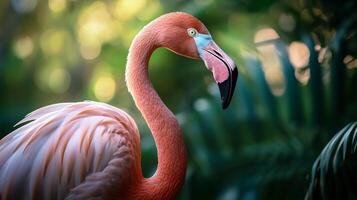 Flamingo is standing in a lush green forest. Concept of tranquility and natural beauty, as the flamingo's pink feathers contrast with the vibrant green foliage photo