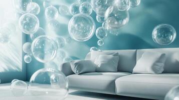 Room with a couch and a wall full of bubbles. The bubbles are floating in the air and the couch is white. The room has a light and airy feel to it photo