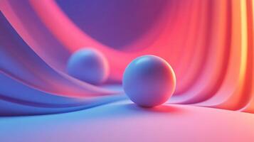 Blue and pink background with two white spheres in the foreground. The spheres are floating in the air and appear to be floating on a wave. The scene has a dreamy, ethereal quality to it photo