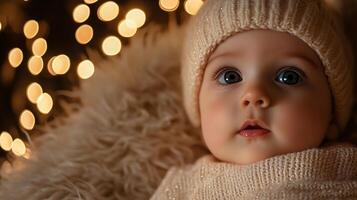 Baby wearing a white hat and a white sweater is looking at the camera. The baby is surrounded by a fuzzy blanket and a fuzzy pillow photo