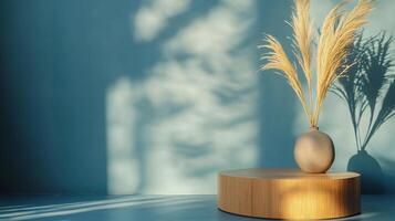 Vase with tall grasses in it sits on a wooden table in a room with a blue wall. The vase and the grasses create a sense of calm and tranquility in the space photo