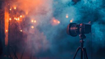 Camera is set up in front of a blurry background. The camera is on a tripod and is pointed at the sky photo