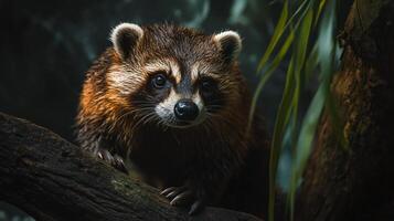 Raccoon is standing on a tree branch. The raccoon is looking at the camera. Scene is curious and playful photo