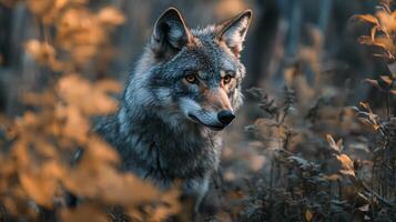 Grey wolf is standing in a field of yellow leaves. The wolf is looking at the camera with a curious expression photo