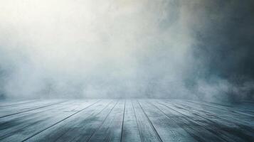 Foggy, misty, and cloudy sky with a wooden floor. The floor is empty and has a lot of wood grain photo