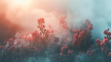 Field of red flowers with a blue sky in the background. The flowers are in full bloom and the sky is cloudy photo
