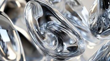 Group of shiny, reflective objects are arranged in a way that creates a sense of depth and movement. The objects are all different shapes and sizes, but they all share a common metallic appearance photo