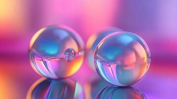Three small, colorful spheres of glass, each with a small hole in the center. The spheres are arranged in a way that creates a sense of depth and dimension photo