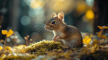 Small brown and white mouse is sitting on a patch of moss. The mouse is looking up at the camera photo