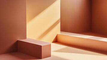 Room with a tan wall and a bench in the corner. The bench is empty. The room is empty and has a simple design photo