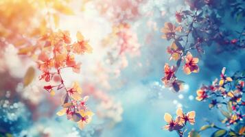 Painting of a tree with pink and yellow flowers. The painting has a bright and cheerful mood, with the flowers and leaves creating a sense of warmth and happiness photo