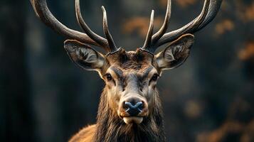 Deer with large antlers is staring at the camera. The image has a moody and dramatic feel, with the deer's intense gaze and the shadows cast by its antlers photo