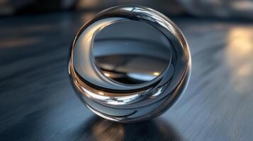 Clear glass sphere with a reflective surface. The sphere is sitting on a wooden surface. The reflection of the sphere is visible in the background photo
