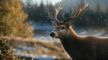 Deer with antlers is standing in the snow. The deer is looking at the camera. The image has a peaceful and serene mood photo
