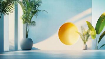White room with a yellow circle in the middle and two potted plants. The room is empty and has a minimalist feel photo