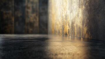 The room is dimly lit and has a wall with a gold stripe. The floor is made of concrete and there is no furniture or other objects in the room. The gold stripe on the wall adds a touch of warmth photo