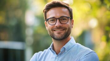 Man with glasses is smiling and wearing a blue shirt. He is standing in a park. Concept of happiness and relaxation photo