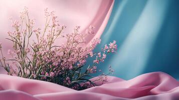 Beautiful bouquet of pink flowers is placed on a blue background. The flowers are arranged in a way that they are the main focus of the image photo