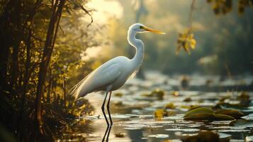 White bird is standing in a pond. The bird is a heron. The pond is surrounded by trees and bushes. The scene is peaceful and serene photo