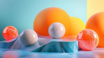 Collection of colorful balls arranged on a blue surface. The balls are of different sizes and colors, including white, orange, and red. Concept of playfulness and creativity photo