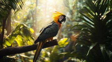 Colorful parrot is perched on a branch in a lush green jungle. The bird's vibrant colors and the surrounding foliage create a sense of life and energy in the scene photo