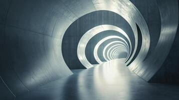 Long tunnel with a spiral shape. The tunnel is made of concrete and is very dark. The light shining on the tunnel makes it look like a tunnel of light photo