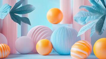 Colorful display of balls and leaves. The balls are of different colors and sizes, and the leaves are green and pink. The scene has a playful and whimsical mood, with the balls photo