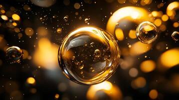 Close up of a gold colored bubble with a dark background. The bubbles are floating in the air and the light is shining on them. The image has a dreamy and ethereal quality to it photo