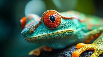 Green and orange frog with red eyes is staring at the camera. The frog's bright colors and bold eyes make it a striking subject for a photograph photo