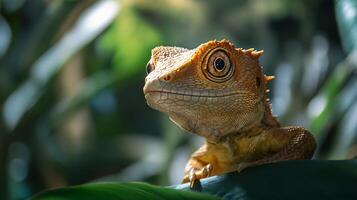 Lizard is sitting on a leaf and looking at the camera. The lizard is brown and has a long tail photo