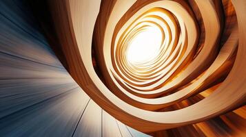 Spiral wooden structure with a bright light shining through it. The light creates a warm and inviting atmosphere photo