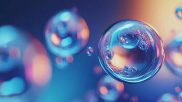 Series of blue and red bubbles floating in the air. The bubbles are of different sizes and are scattered throughout the image. Scene is playful and whimsical photo