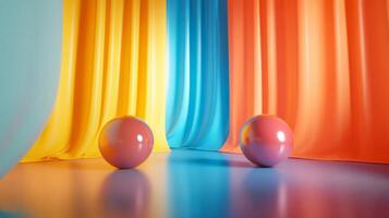 Two red balls are placed in front of a blue curtain. The scene is set in a room with a blue and yellow curtain. The balls are placed in the middle of the room, and the curtain is hanging on the wall photo