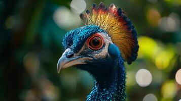 Colorful bird with a blue head and red and yellow feathers. The bird has a large, colorful beak and is looking directly at the camera photo