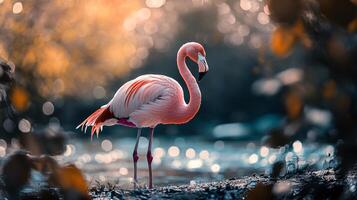 Pink flamingo stands in a pond with a blurry background. Concept of tranquility and serenity, as the flamingo is the focal point of the scene. The blurry background adds a sense of depth photo
