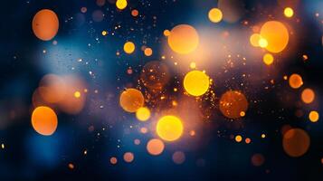 Blurry image of orange and blue lights with a blue background. The lights are scattered and overlapping, creating a sense of movement and energy. Scene is dynamic and lively photo