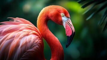 Flamingo is standing in a lush green forest. The flamingo is pink and has a long, curved beak. Concept of tranquility and natural beauty, as the flamingo stands out against the vibrant green foliage photo