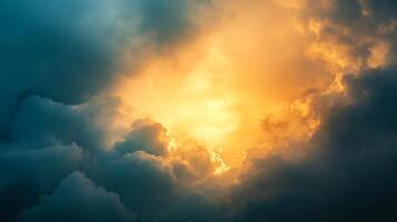 The sky is filled with clouds and the sun is shining through them. The sun is bright and warm, creating a beautiful and peaceful scene photo