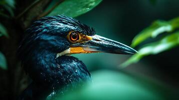 Bird with a blue head and yellow beak is standing in a green leafy area. The bird appears to be wet, and its head is tilted to the side. Concept of calm and tranquility photo