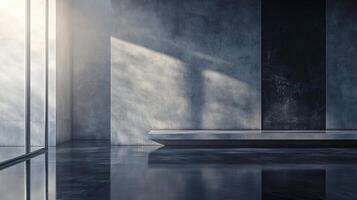 Room with a concrete wall and a bench. The bench is empty. The room is very dark and empty photo