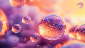 Close up of many small bubbles with a bright orange background. The bubbles are floating in the air and appear to be reflecting the orange sky. Concept of playfulness and lightheartedness photo