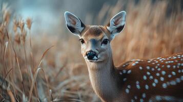 Deer with white spots on its face is standing in tall grass. The image has a peaceful and serene mood, as the deer appears to be calmly looking at the camera photo