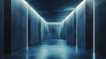 Long, narrow room with blue walls and a blue ceiling. The walls are made of concrete and the ceiling is also made of concrete. The room is lit up with blue lights, creating a cool photo