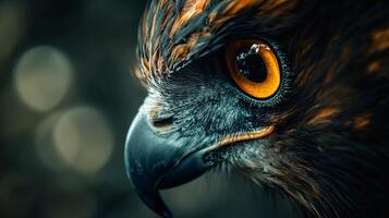 Close up of a bird's eye with a yellow iris. The eye is surrounded by a dark brown beak and feathers. The image has a moody, mysterious feel to it photo