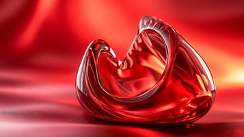 Red object is sitting on a red background. The object is a heart shape and is made of glass. The image has a warm and romantic mood, as the red color and heart shape evoke feelings of love photo