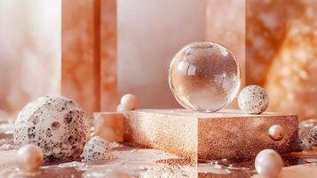 Glass sphere sits on a wooden platform with other spheres around it. The scene is abstract and has a sense of depth and texture photo
